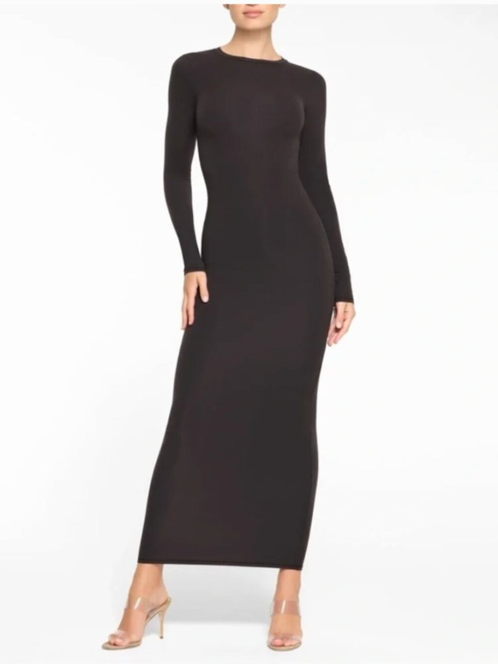 SKIMS Dress Fits Everybody Long Sleeve Crew Neck Maxi Black Onyx Size Medium